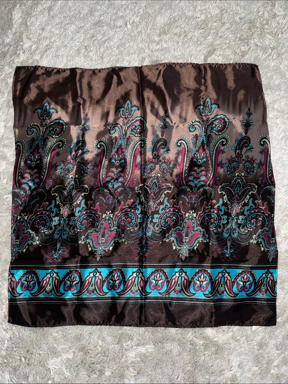 Silk-Feel Paisley Print Square Scarf in Brown with Teal & Pink Accents